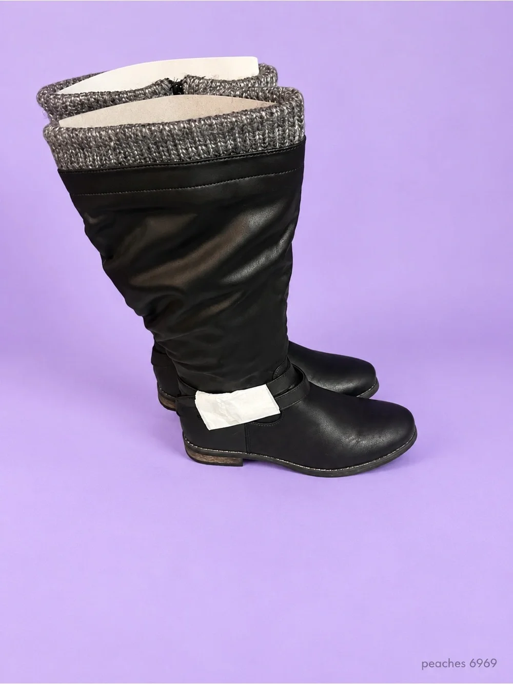Gorgeous Wide calf Black Knee-high Boots with Gray Knit Cuff